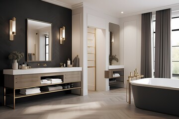 Inviting modern classic minimalist bathroom with a standalone vanity, geometric tiles, and warm lighting - obrazy, fototapety, plakaty