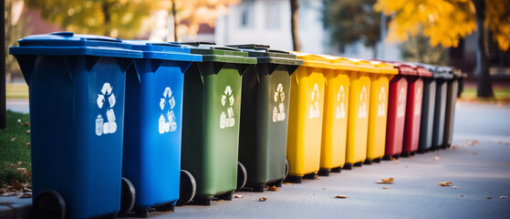 Color-coded recycling bins filled with paper, plastic, metals, and glass for environmental waste management.