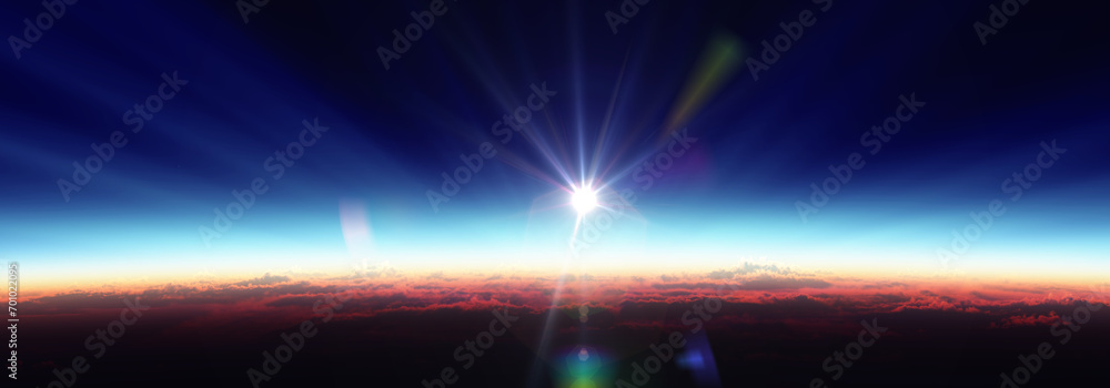 Wall mural Earth sunrise from space over cloudy ocean. 3d rendering