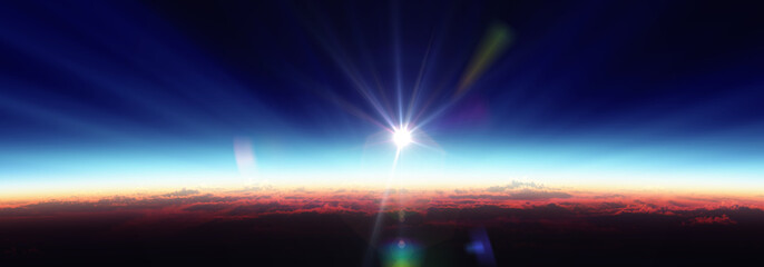 Earth sunrise from space over cloudy ocean. 3d rendering