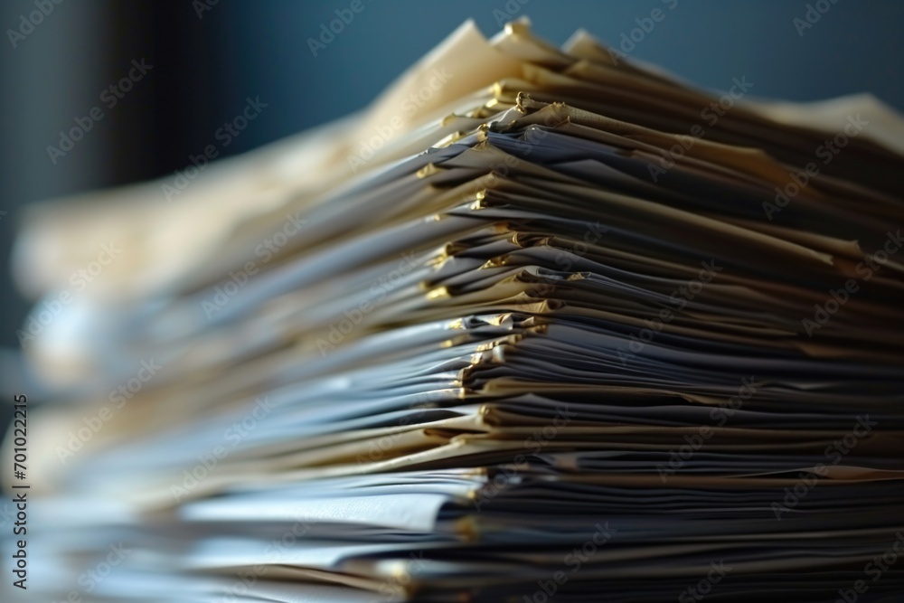 Poster a stack of papers neatly arranged on top of a table. suitable for business, office, or administrativ