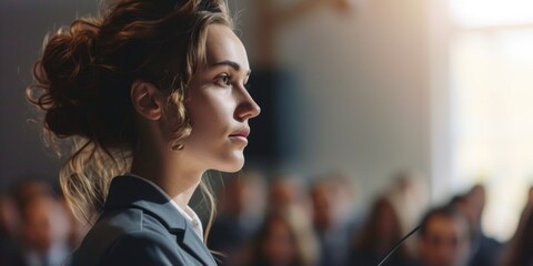 A woman standing confidently in front of a large crowd. This image can be used to represent leadership, public speaking, or empowerment