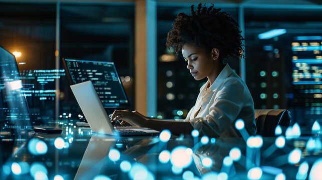 African American female in corporate setting with focus on networking and technology.