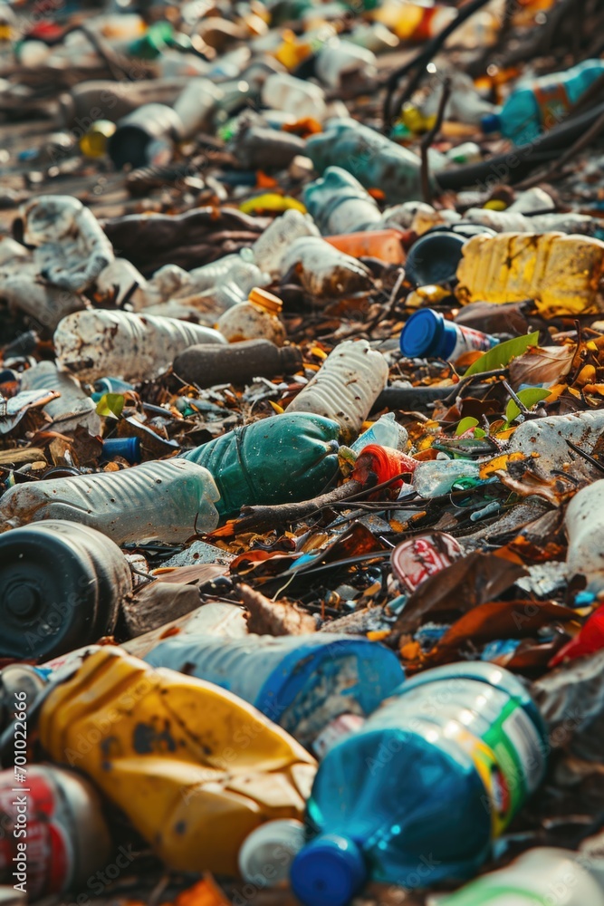 Poster a pile of plastic bottles and other items on the ground. this versatile image can be used to highlig