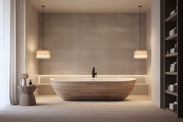 Inviting modern classic minimalist bathroom with a freestanding tub, natural materials, and soft, diffused lighting