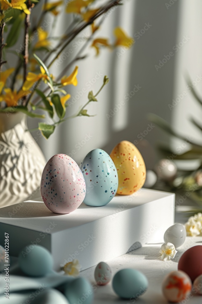 Poster a bunch of eggs sitting on top of a table. this image can be used to depict a farm-to-table concept 
