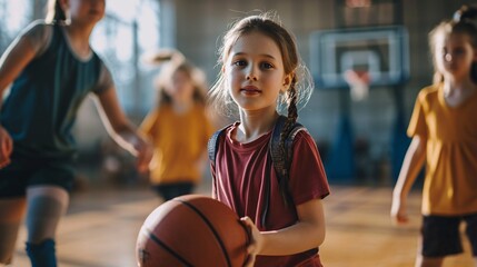 Young pupil leading a basketball in a school gym during a physical education lesson, with her trainer and peers in the backdrop.