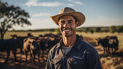A grinning man portrays a contented rural farm, with livestock and assurance.