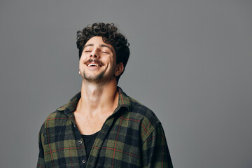 Man joyful face handsome shirt portrait hipster smile casual fashion copyspace trendy