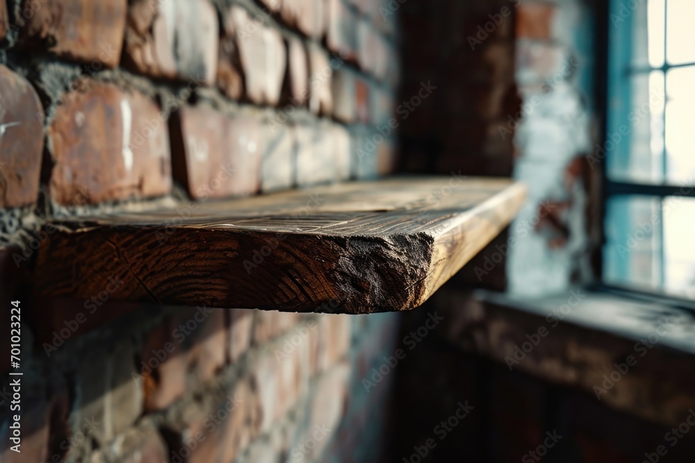 Poster A wooden shelf on a brick wall next to a window. Perfect for adding a touch of rustic charm to any room