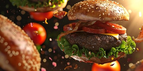 3D burgers flying in the air with ultra realistic grilled meat and detailed angle view in a photo...