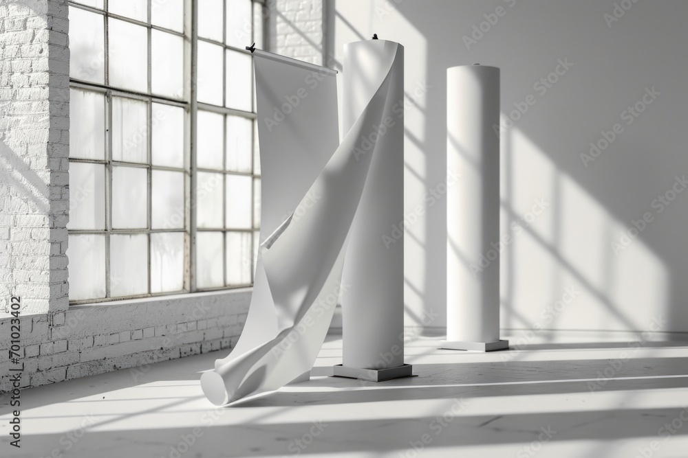 Poster A white sculpture is displayed in a room with a window. This image can be used to depict art, interior design, or a gallery setting
