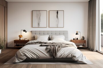Inviting modern classic minimalist bedroom with plush bedding, warm textures, and a carefully curated selection of decor