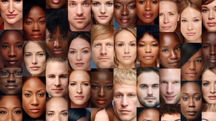 A collage of various faces representing humanity and promoting social equality, human rights, and diversity.