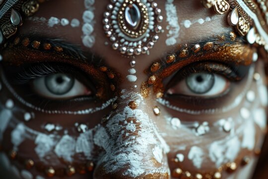 Close up of a woman's face with white paint. Can be used for artistic makeup tutorials or Halloween costume ideas