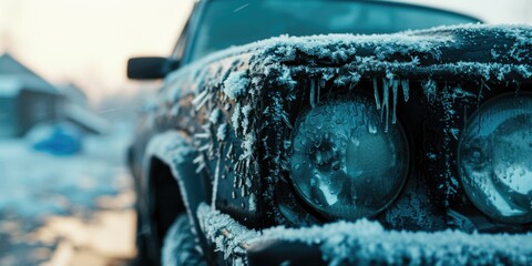 A close-up view of a car completely covered in snow. This image can be used to depict winter weather conditions or the aftermath of a snowstorm. - obrazy, fototapety, plakaty