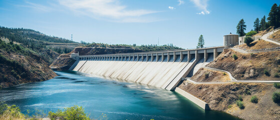 Hydroelectric dam generating clean power, vast infrastructure harnessing water flow, sustainable energy solution depicted.