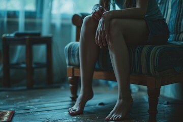 A woman sitting on a chair in a room. Perfect for interior design or home decor themes