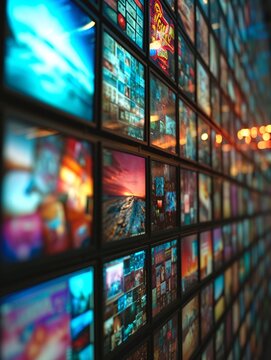 A dynamic display of media on a wall with several TV monitors.