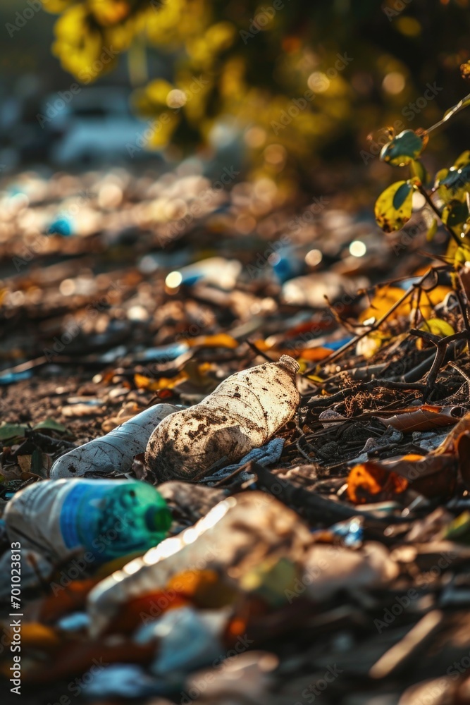 Poster A pile of garbage on the ground next to a tree. Suitable for environmental and waste management concepts