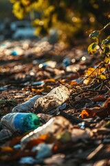 A pile of garbage on the ground next to a tree. Suitable for environmental and waste management concepts