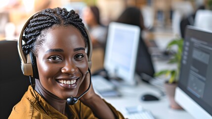 Smiling African American customer service representative with headset working in call center and making eye contact with blank area.