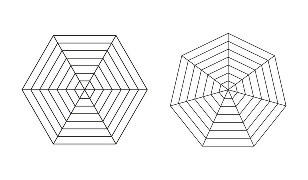 Set of radar or spider diagram template. Blank radar charts. Spider mesh. Polygon flat graphs. Diagram for statistic and analytic. Simple coaching tools. Grids with segments. Vector illustration. Eps.