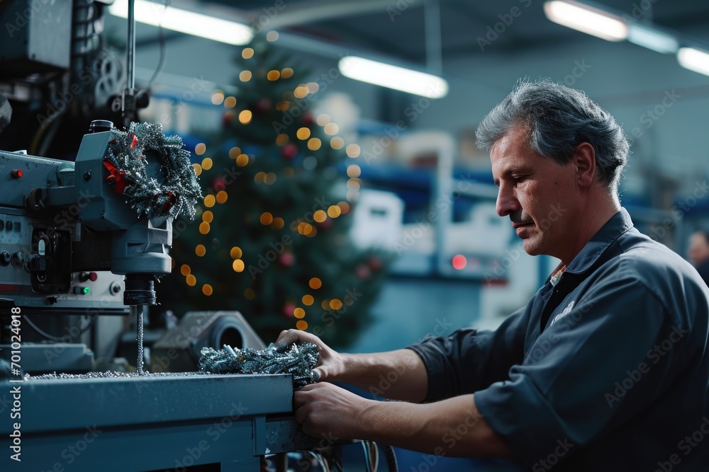 Poster a man is seen working on a machine in a factory. this image can be used to depict industrial work, m