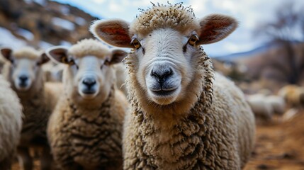 Obraz premium A flock of sheep gaze towards the camera on a solitary backdrop.