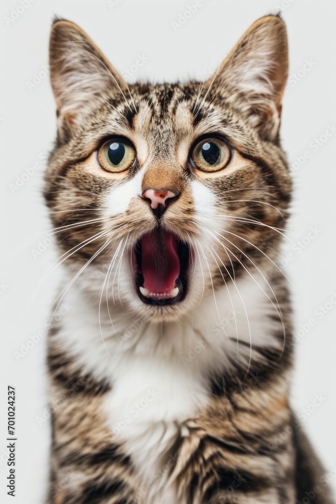 Poster A close-up image of a cat with its mouth open. Perfect for illustrating expressions or capturing the curiosity of animals. Can be used in various projects