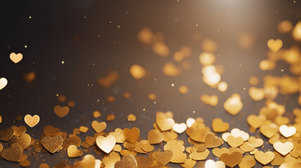 Gold confetti hearts with copy space. Generative AI