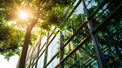 Eco-conscious office building with greenery for lower carbon footprint.