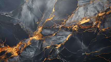 Elegant textured black marble background with gold and white patterns, embodying natural dark grey...