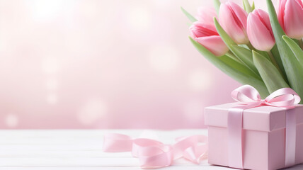 Gift box with pink tulips on white table. Generative AI