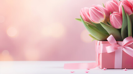 Gift box with pink tulips on white table. Generative AI
