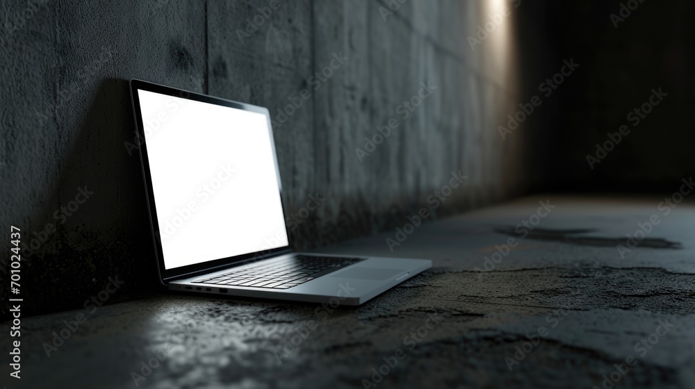 Poster a laptop computer placed on a concrete floor. suitable for technology-related projects and modern wo