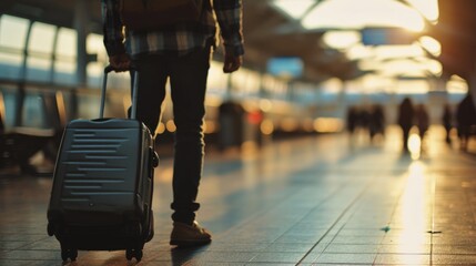 A person is seen walking with a suitcase in a train station. This image can be used to depict travel, transportation, or commuting - obrazy, fototapety, plakaty