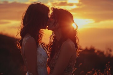 Eternal Love: Lesbian Brides Share a Tender Kiss Under a Beautiful Sunset, the Sky Painted in Warm and Vibrant Orange Hues - A Captivating Moment of Romance.

 - obrazy, fototapety, plakaty
