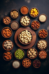 Assortment of nuts on a black slate or stone background - healthy snack.Top view with copy space