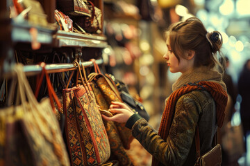 young woman shopping for bags in a store