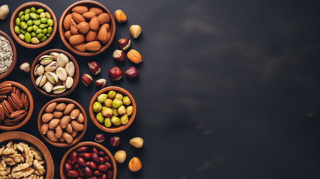 Assortment of nuts on a black slate or stone background - healthy snack.Top view with copy space