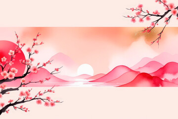 Chinese banner desing concept with flowers and lanterns.