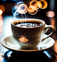 A cup of coffee modeling in a bokeh style with light nuances