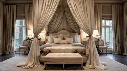 Fototapeta na wymiar Luxurious bedroom retreat with a canopy bed, velvet upholstery, and a harmonious color palette