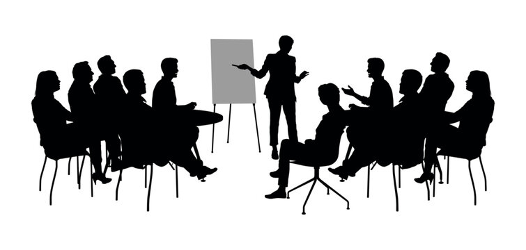 Business meeting and presentation in office vector silhouette. Business people on brainstorming session silhouettes.