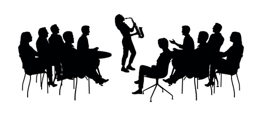Girl playing saxophone in front of audience vector black silhouettes. - obrazy, fototapety, plakaty
