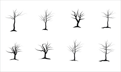 Large leafless hardwood trees are seen silhouetted on a white background in a isolated transparent illustration. - obrazy, fototapety, plakaty