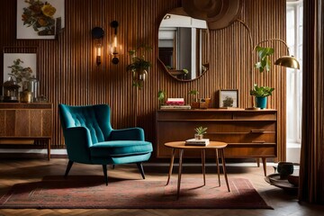 Nostalgic retro interior design for a living room, with a particular focus on a stylish vintage chair and table.