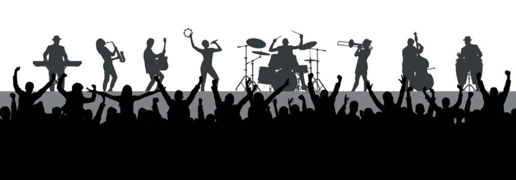 Band musicians performing on stage in front of people crowd audience vector silhouettes.