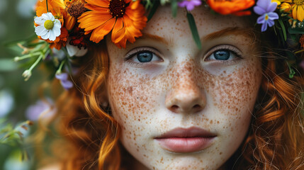 A Girl with Freckles and some spring Flowers on Her Head